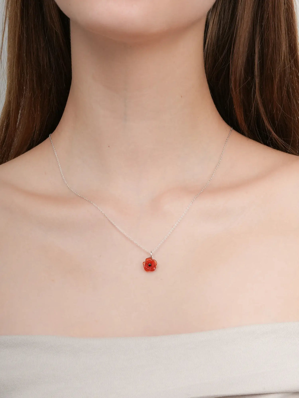 Carved Poppy Necklace S925 Silver Rhodium (3) – Mondays Made Flower & Birthstone Jewelry Singapore