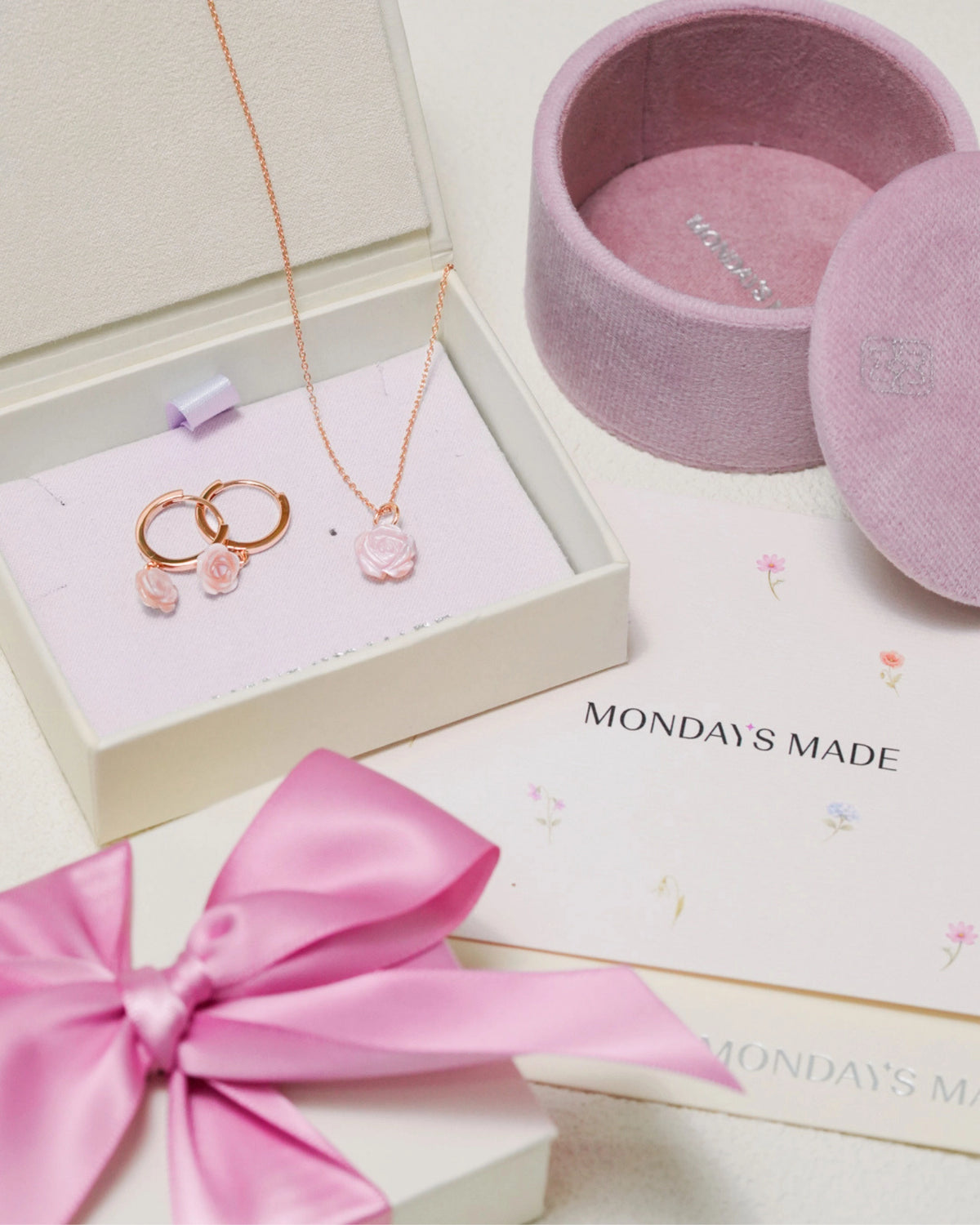 Carved Pink Rose Necklace and Earrings Set