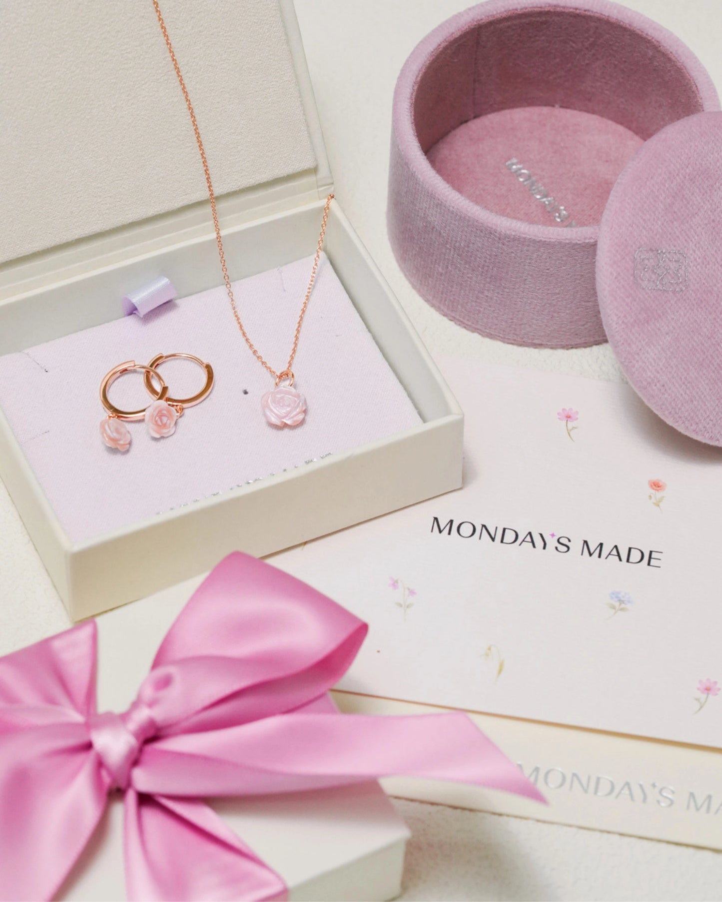 Carved Pink Rose Necklace and Earrings Set