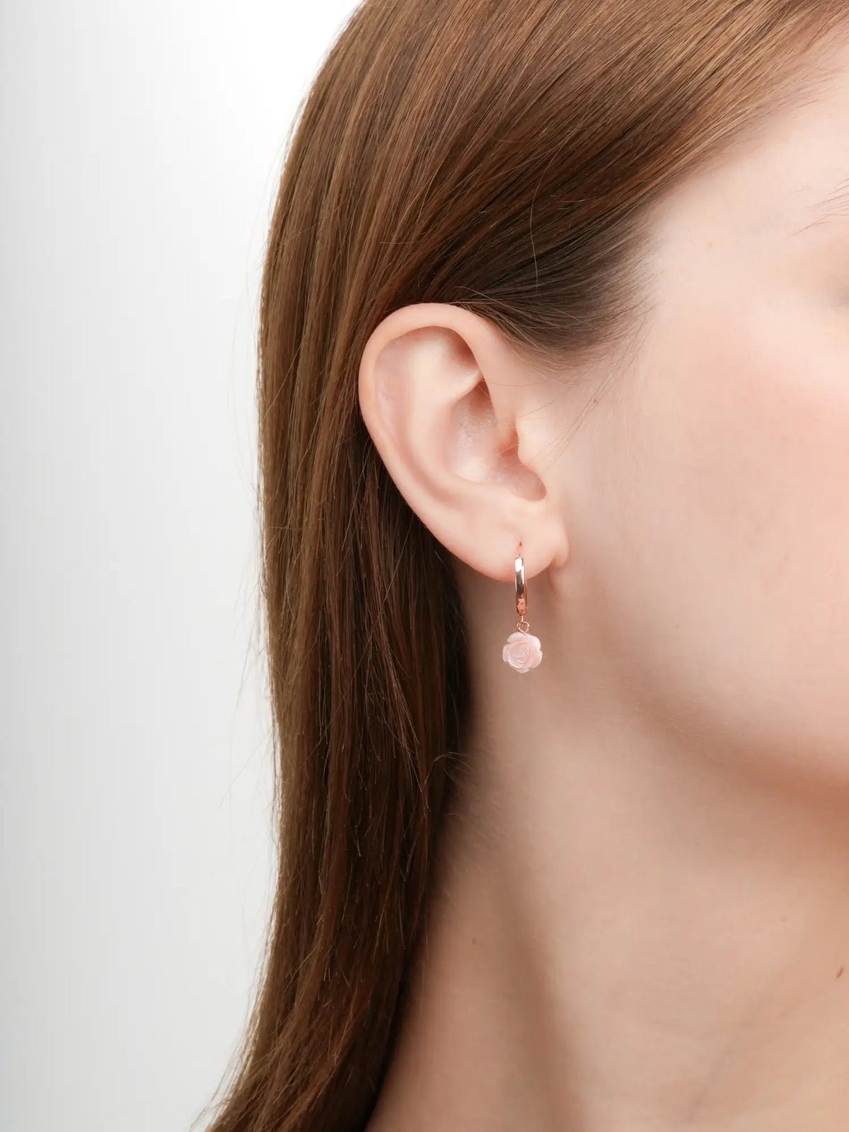 Carved Rose Huggie Earrings 18K Rose Gold (2) – Mondays Made Flower & Birthstone Jewelry Singapore