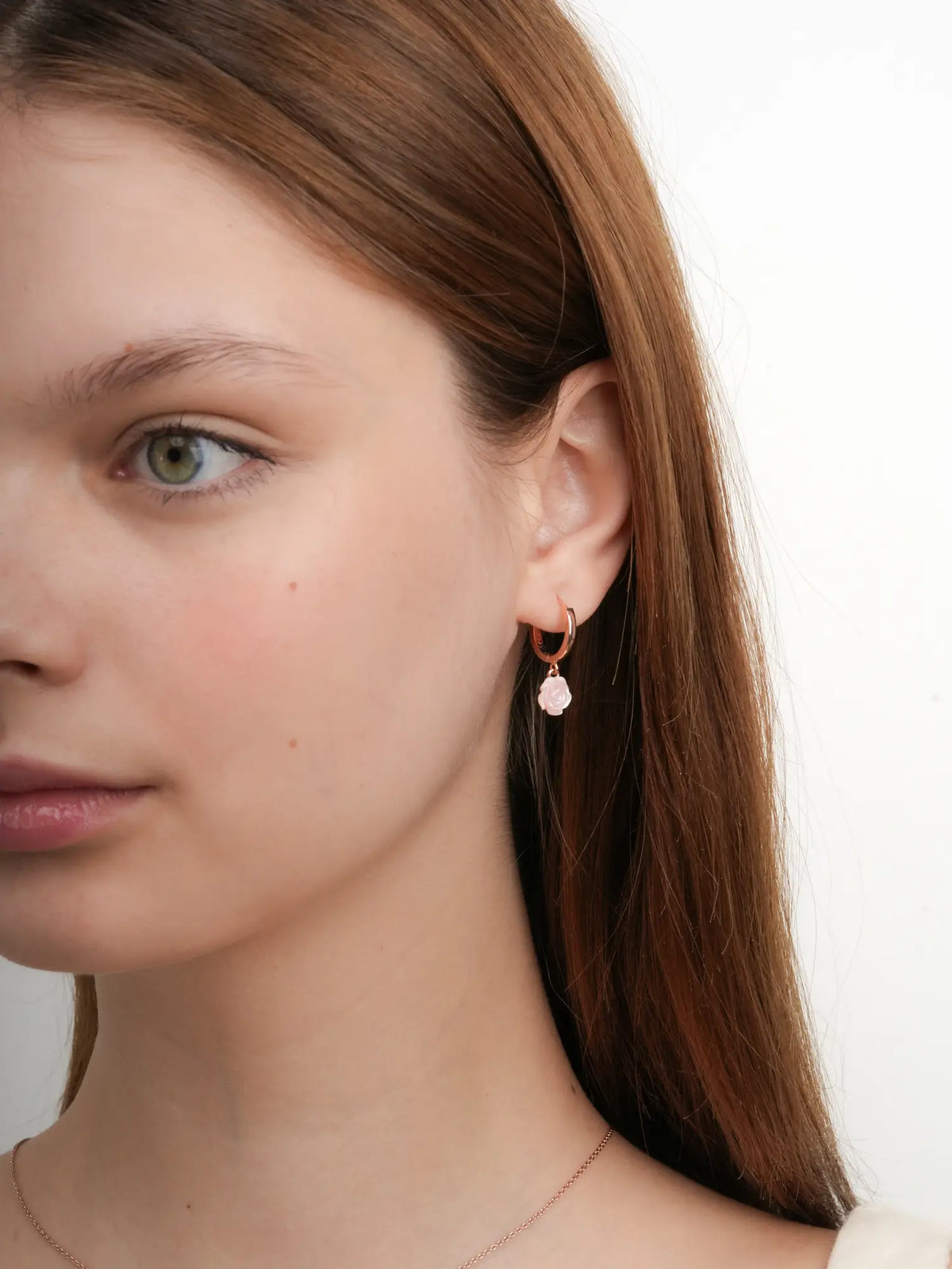 Carved Rose Huggie Earrings 18K Rose Gold (1) – Mondays Made Flower & Birthstone Jewelry Singapore