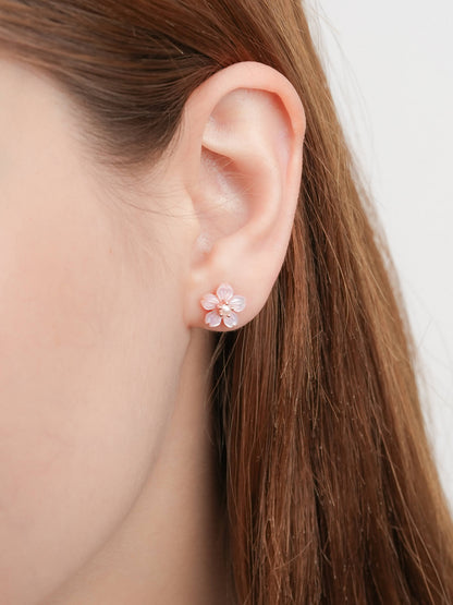 Carved Sakura Stud Earrings 18K Rose Gold (1) – Mondays Made Flower & Birthstone Jewelry Singapore