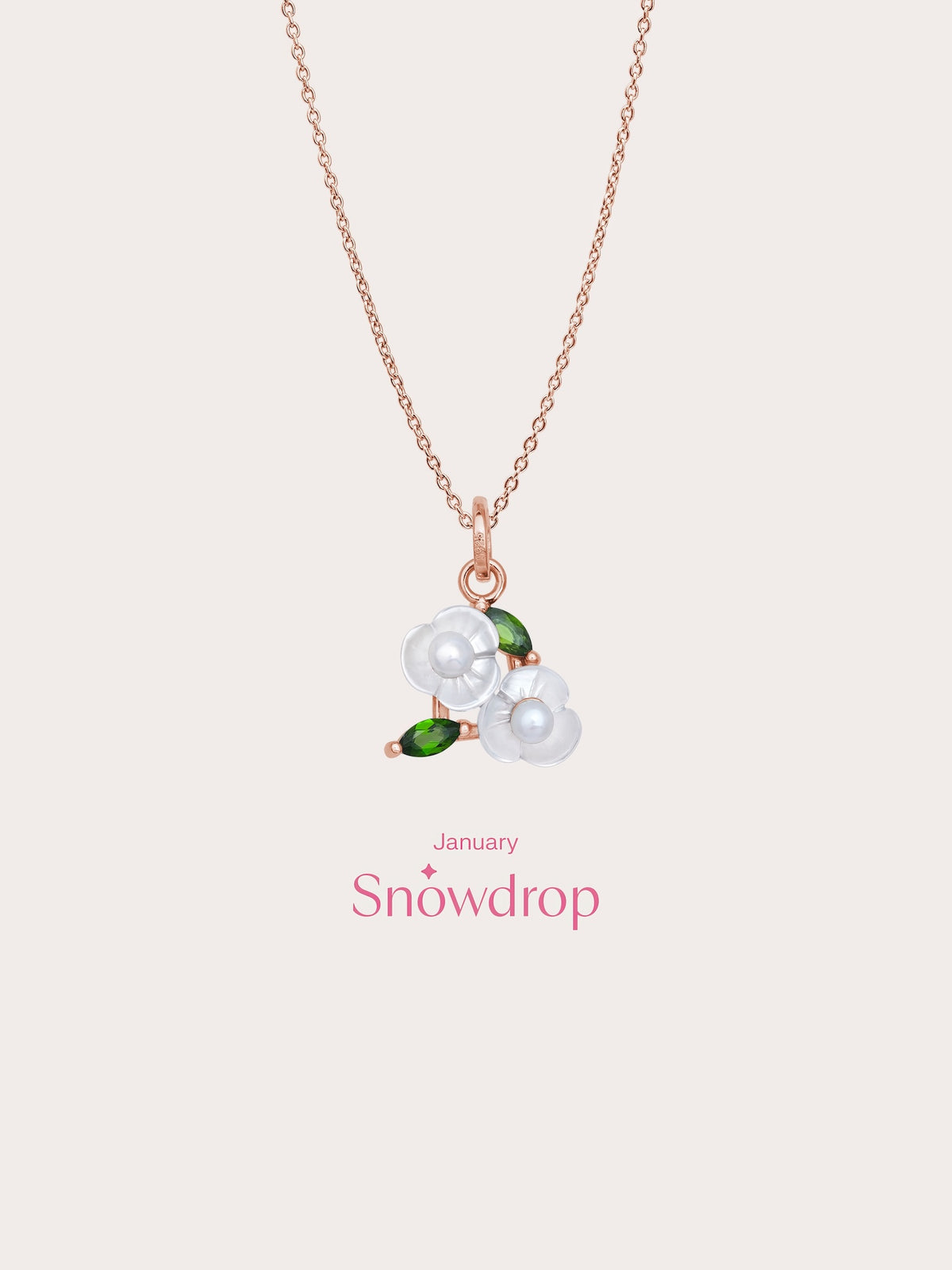 Carved Snowdrop Cluster Necklace 18K Rose Gold (5) – Mondays Made Flower & Birthstone Jewelry Singapore
