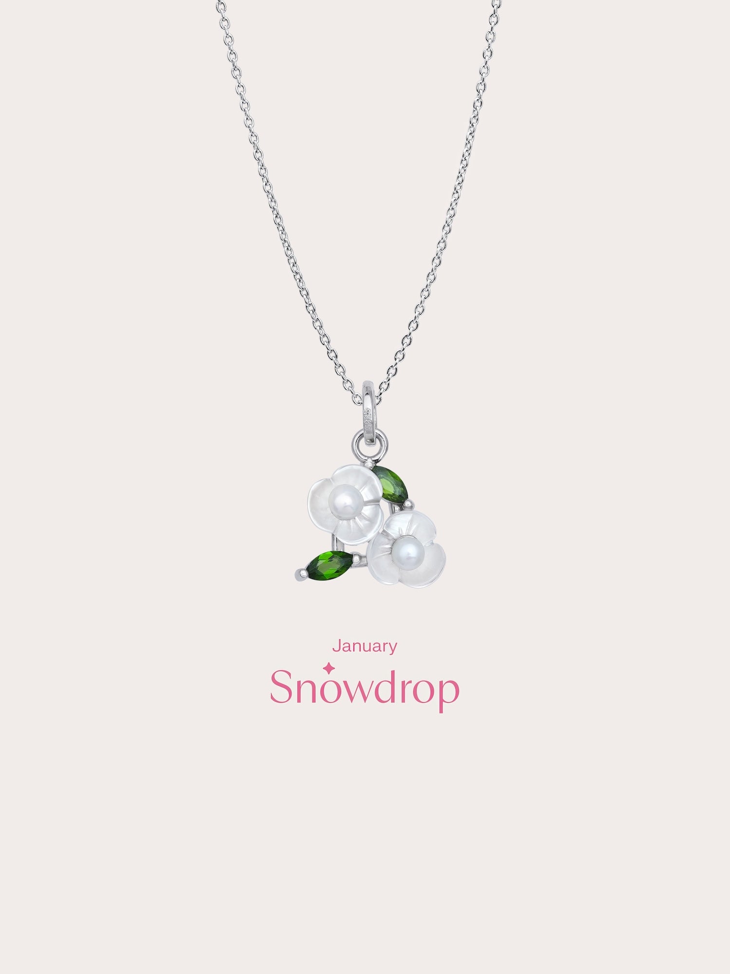 Carved Snowdrop Cluster Necklace in S925 Rhodium Vermeil from Mondays Made