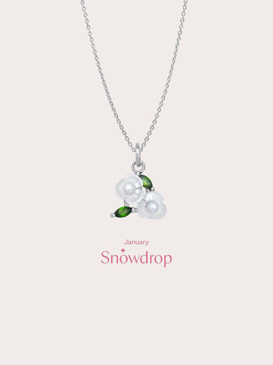 Carved Snowdrop Cluster Necklace S925 Silver Rhodium (5) – Mondays Made Flower & Birthstone Jewelry Singapore