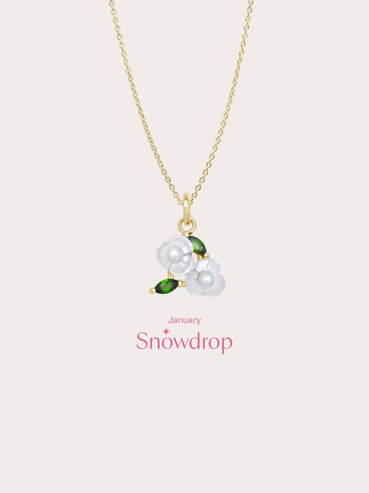 Carved Snowdrop Cluster Necklace 18K Gold (5) – Mondays Made Flower & Birthstone Jewelry Singapore