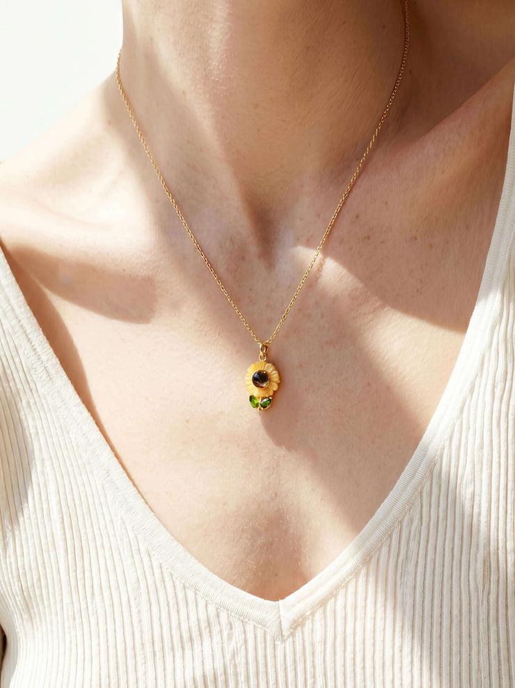 Carved Sunflower Necklace — model wear, 18k gold vermeil