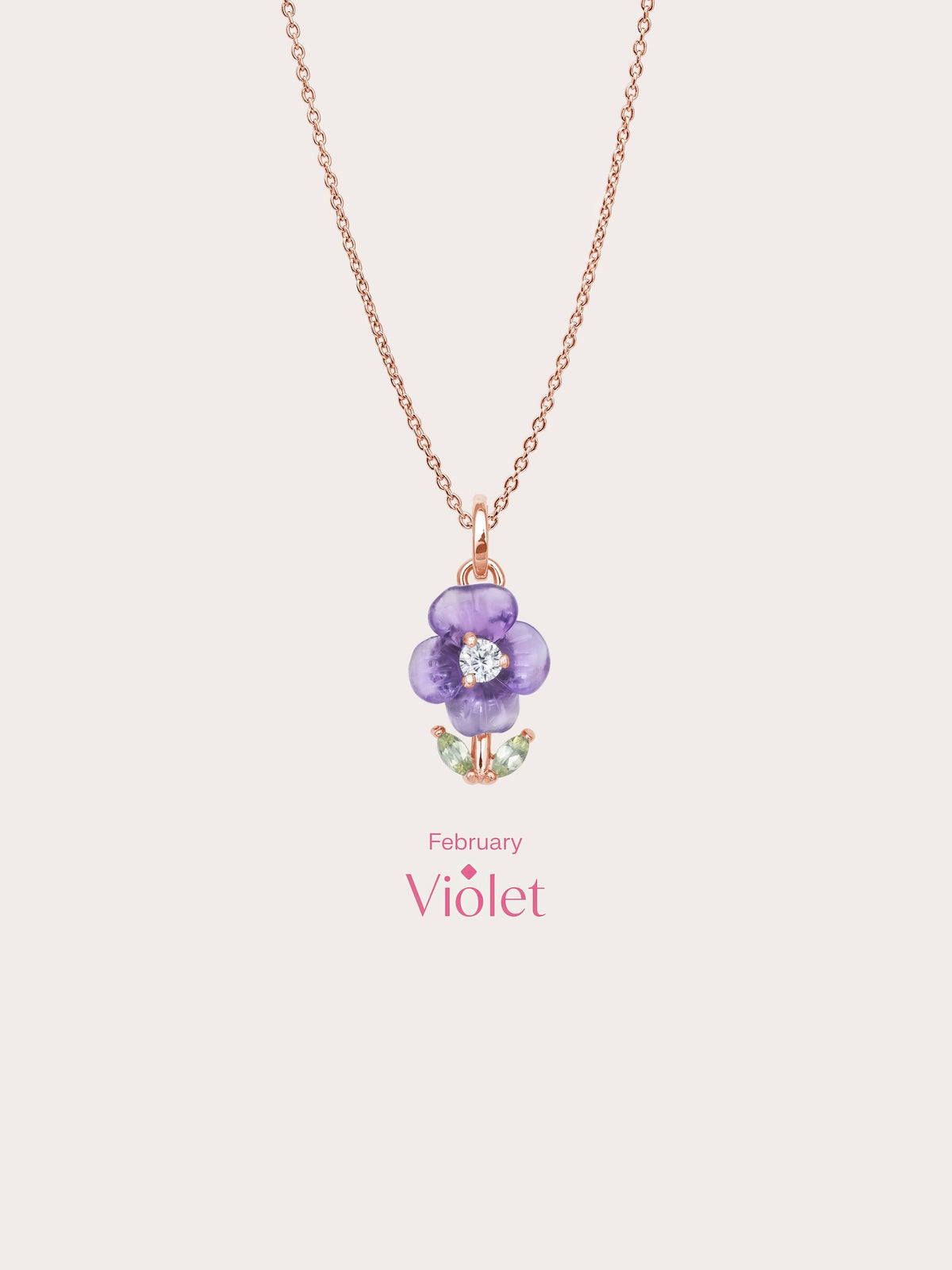 Carved Violet Necklace 18K Rose Gold (4) – Mondays Made Flower & Birthstone Jewelry Singapore