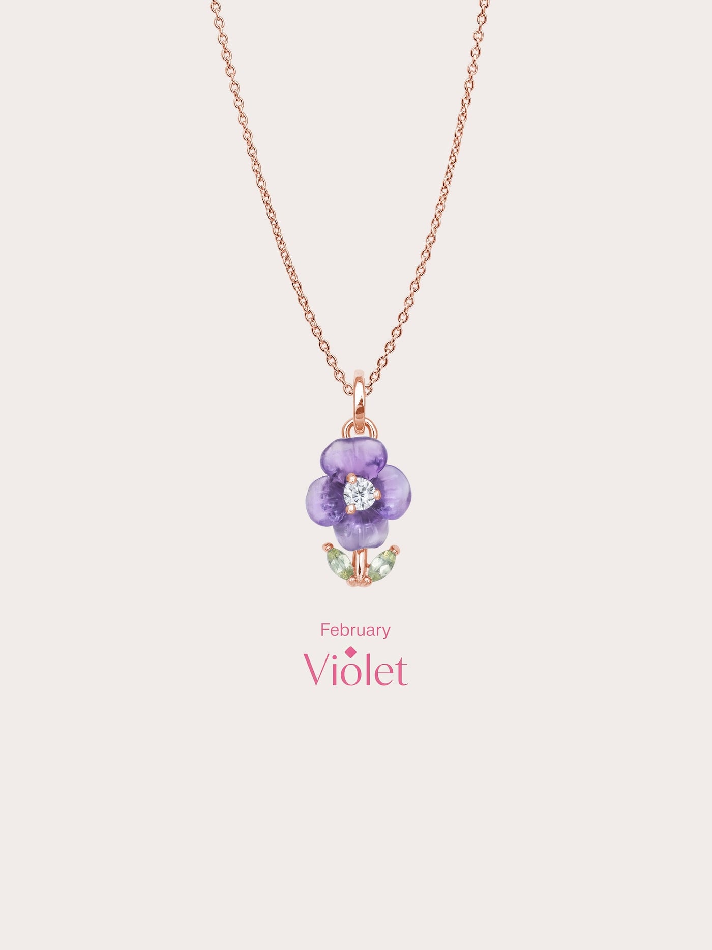 Carved Violet Necklace 18K Rose Gold (4) – Mondays Made Flower & Birthstone Jewelry Singapore