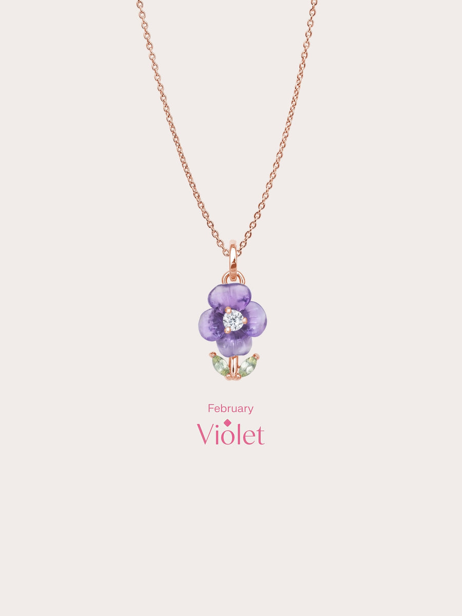 Carved Violet Necklace 18K Rose Gold (4) – Mondays Made Flower & Birthstone Jewelry Singapore