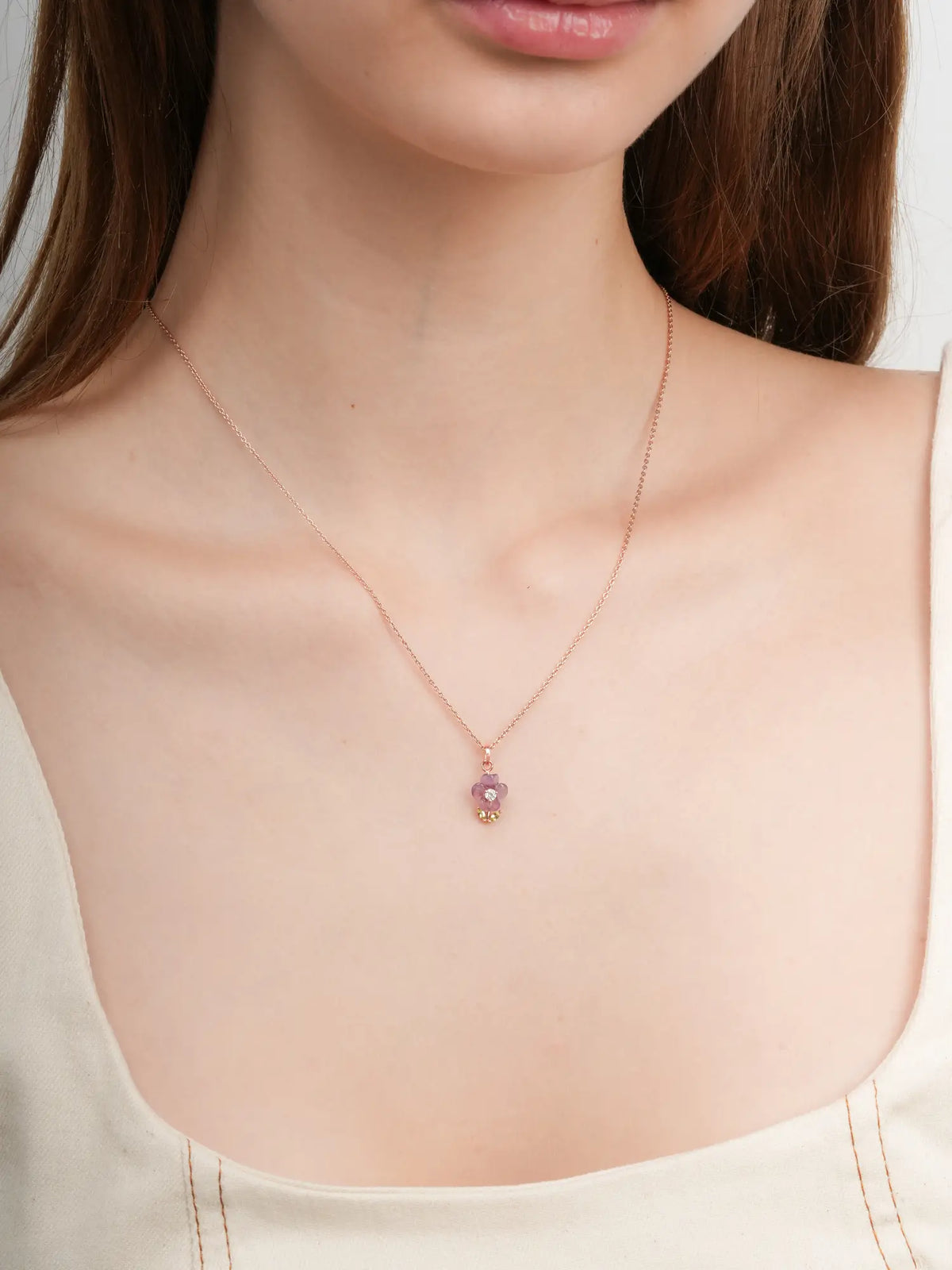 Carved Violet Necklace 18K Rose Gold (3) – Mondays Made Flower & Birthstone Jewelry Singapore
