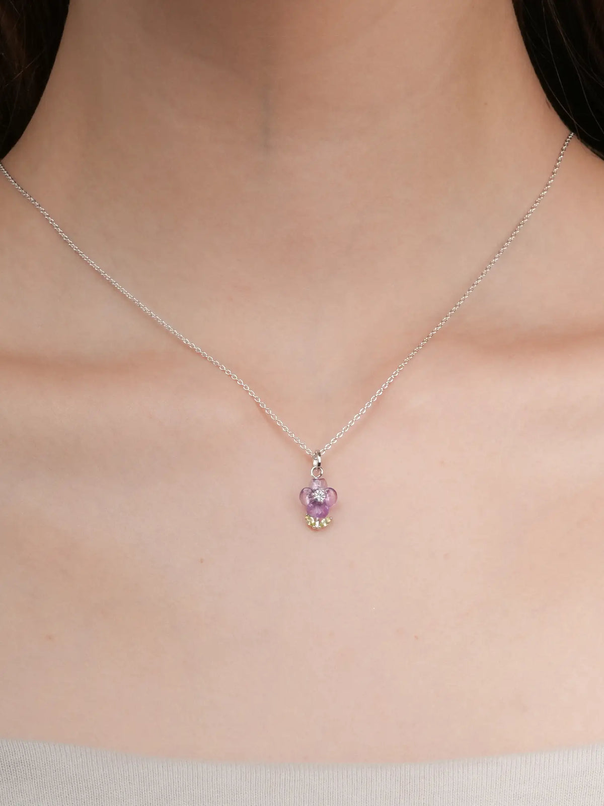 Carved Violet Necklace S925 Silver Rhodium (3) – Mondays Made Flower & Birthstone Jewelry Singapore