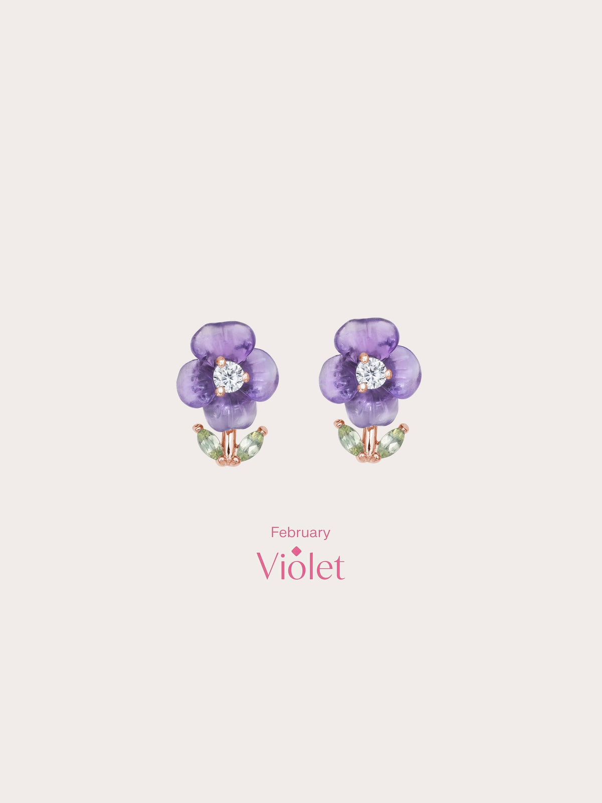 Carved Violet Stud Earrings 18K Rose Gold (4) – Mondays Made Flower & Birthstone Jewelry Singapore