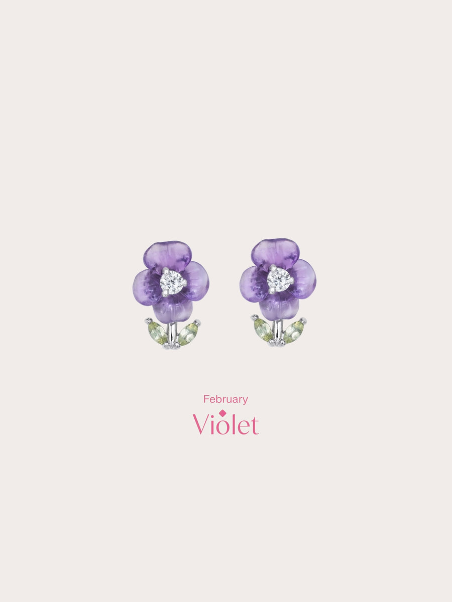Carved Violet Stud Earrings S925 Silver Rhodium (4) – Mondays Made Flower & Birthstone Jewelry Singapore
