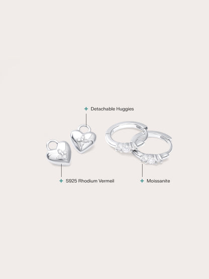 Clover Heart Detachable Huggie Earrings S925 Silver Rhodium (2) – Mondays Made Flower & Birthstone Jewelry Singapore
