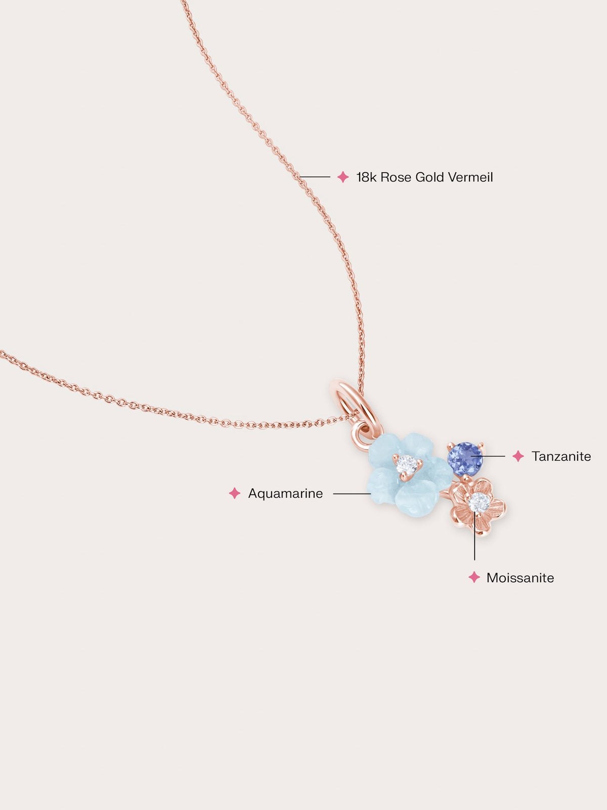 Dainty Blue Cluster Flower Pendant Necklace 18K Rose Gold – Mondays Made Flower & Birthstone Jewelry Singapore