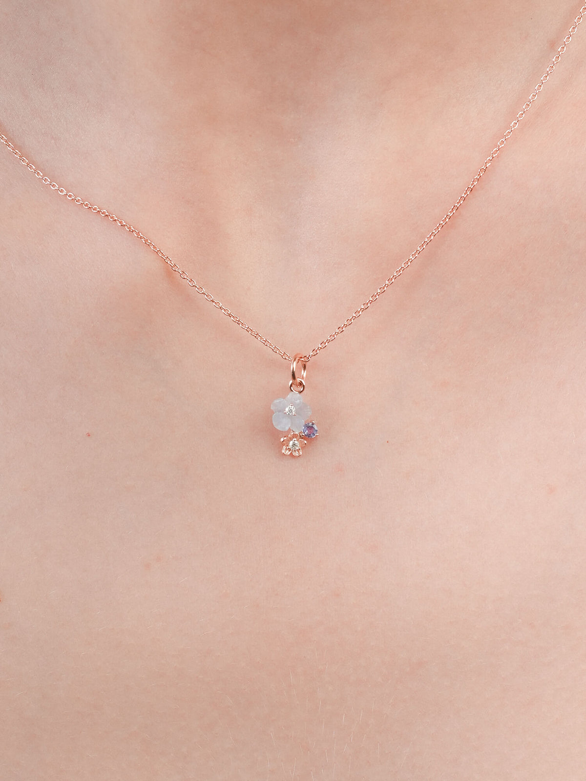 Dainty Blue Cluster Flower Pendant Necklace Aquamarine Tanzanite 18K Rose Gold (3) – Mondays Made Flower & Birthstone Jewelry Singapore