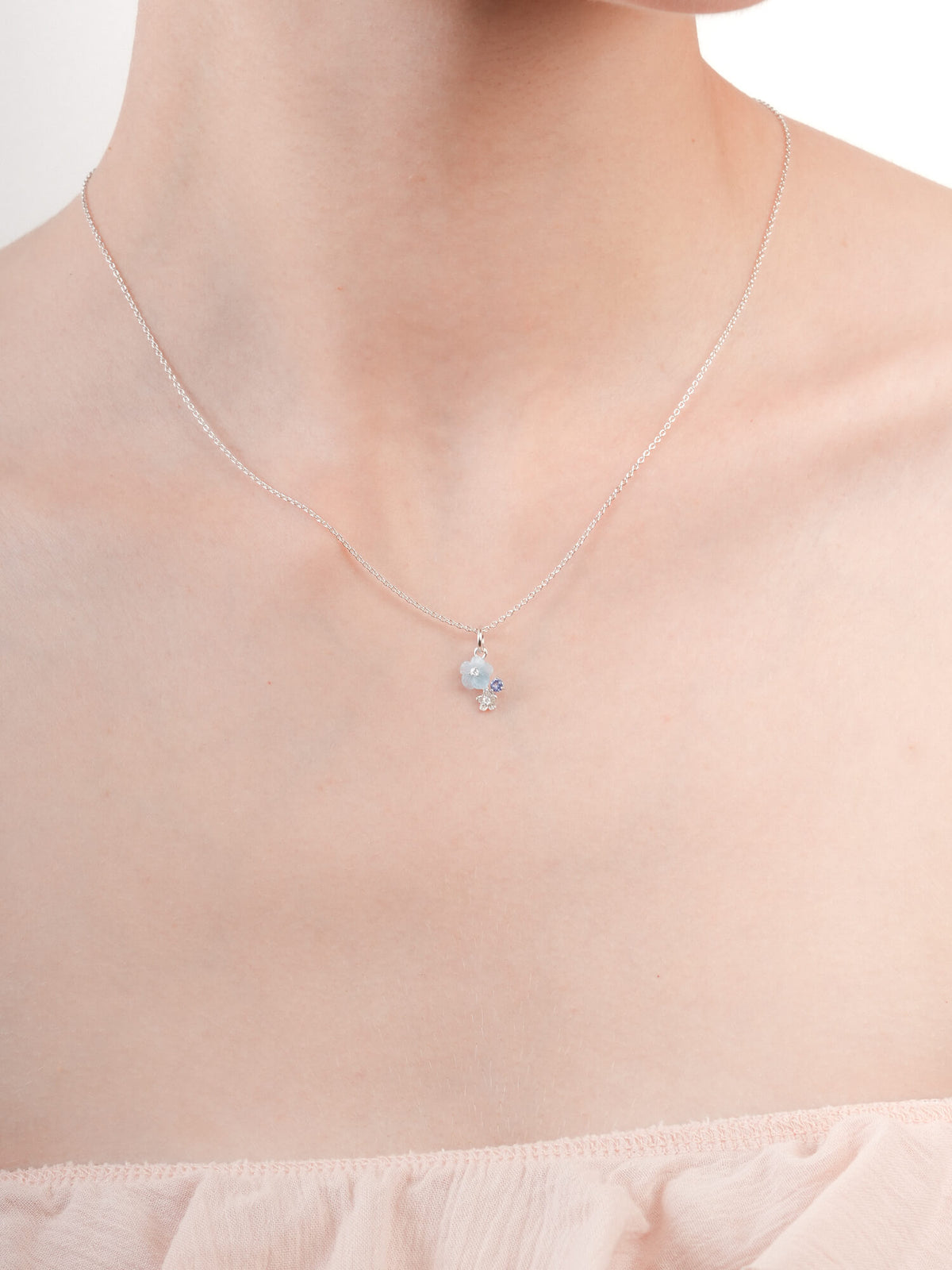 Dainty Blue Cluster Flower Pendant Necklace Aquamarine Tanzanite S925 Silver Rhodium (1) – Mondays Made Flower & Birthstone Jewelry Singapore
