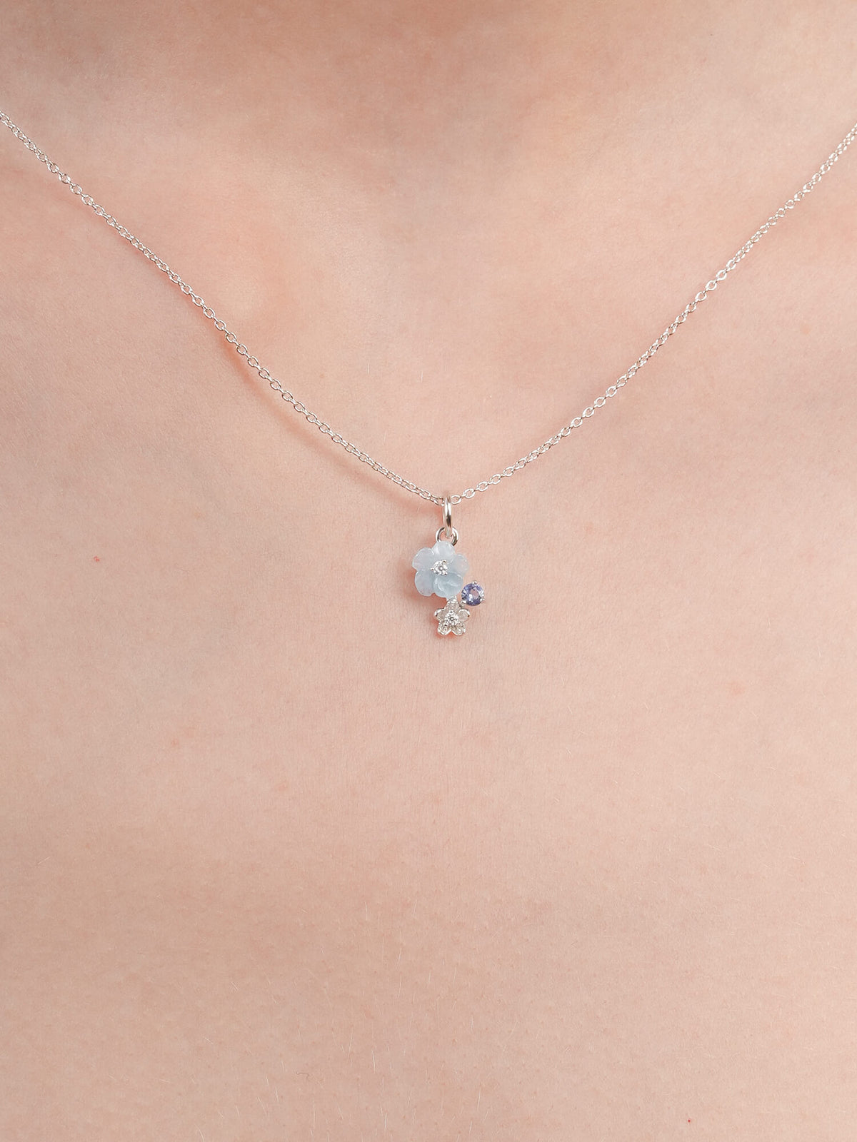Dainty Blue Cluster Flower Pendant Necklace Aquamarine Tanzanite S925 Silver Rhodium (3) – Mondays Made Flower & Birthstone Jewelry Singapore