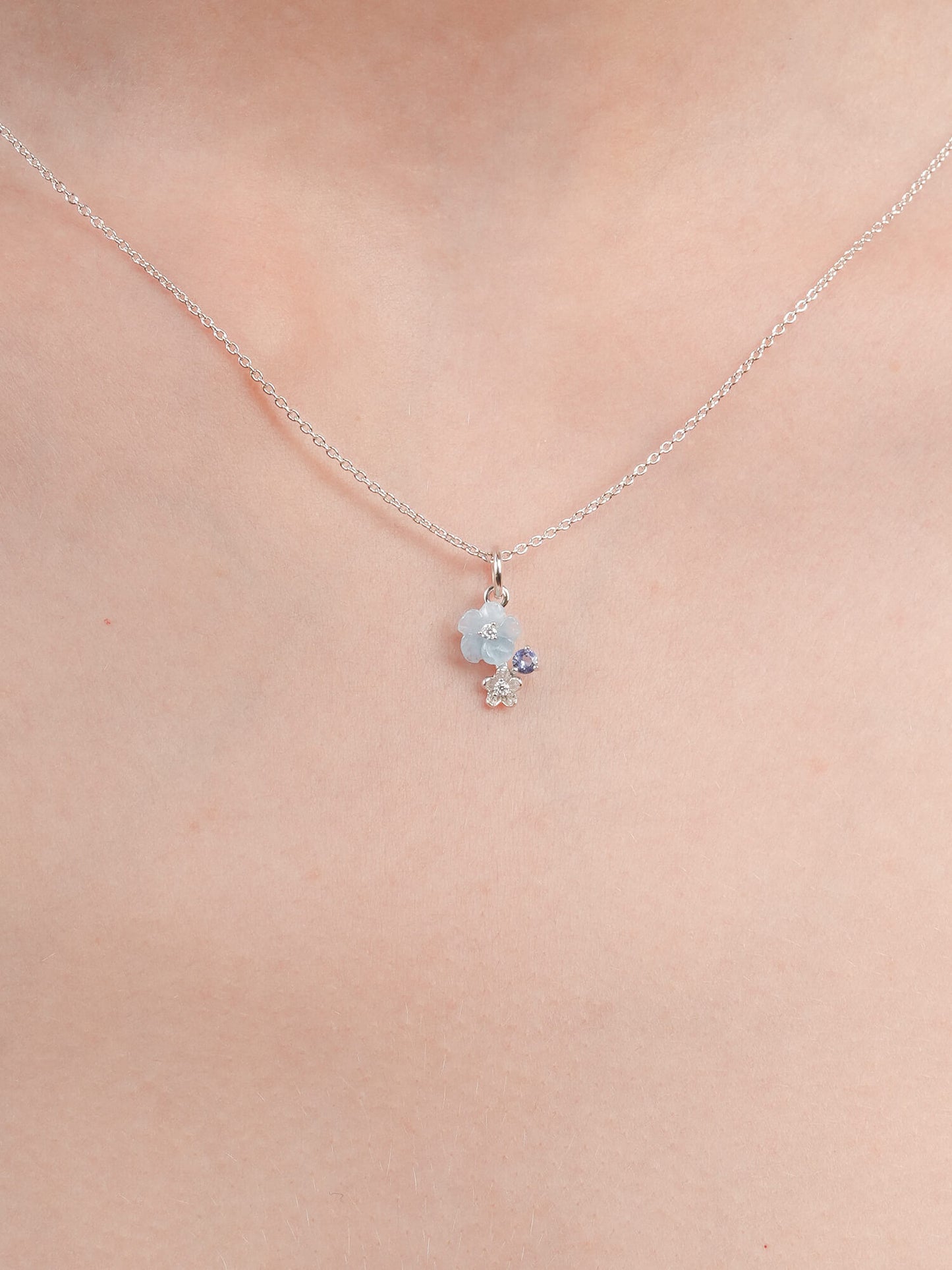 Dainty Blue Cluster Flower Pendant Necklace – Aquamarine & Tanzanite