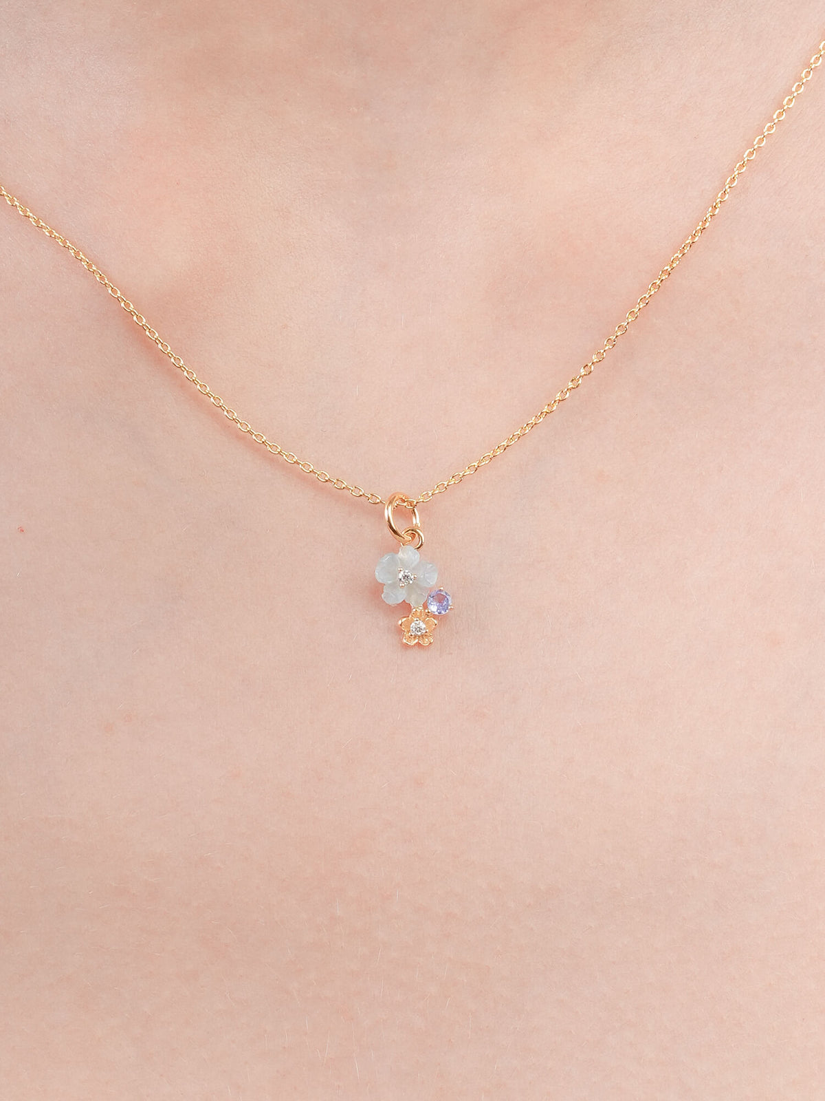 Dainty Blue Cluster Flower Pendant Necklace Aquamarine Tanzanite 18K Gold (3) – Mondays Made Flower & Birthstone Jewelry Singapore