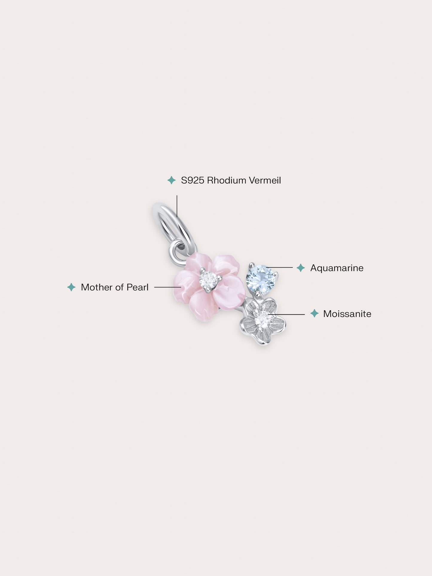 Dainty Pink Cluster Flower Charm – MOP & Aquamarine