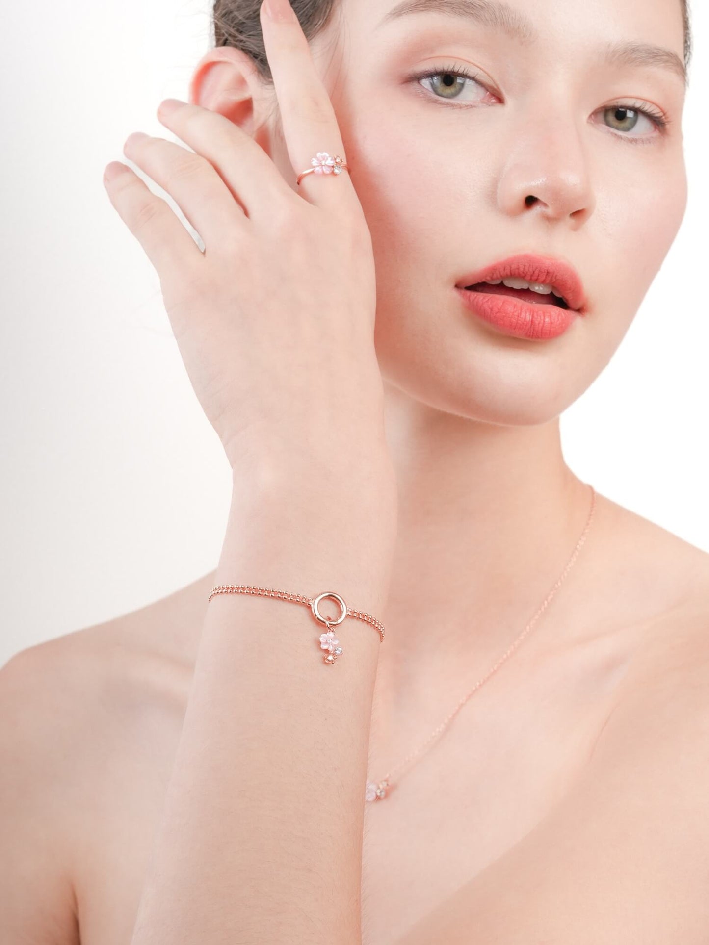 Dainty Pink Cluster Flower Charm – MOP & Aquamarine