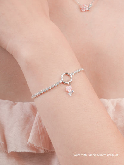 Dainty Pink Cluster Flower Charm Mother of Pearl Aquamarine S925 Silver Rhodium Worn With – Mondays Made Flower & Birthstone Jewelry Singapore