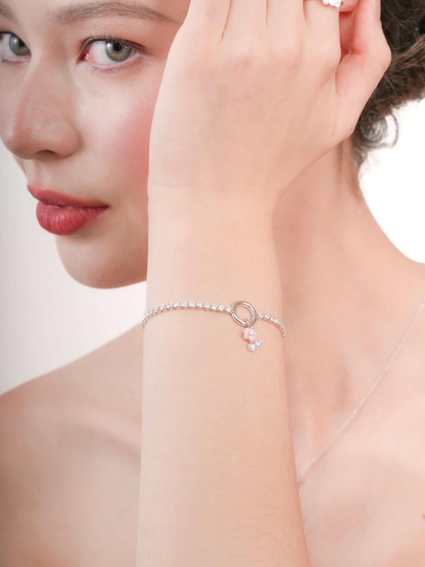 Dainty Pink Cluster Flower Charm – MOP & Aquamarine