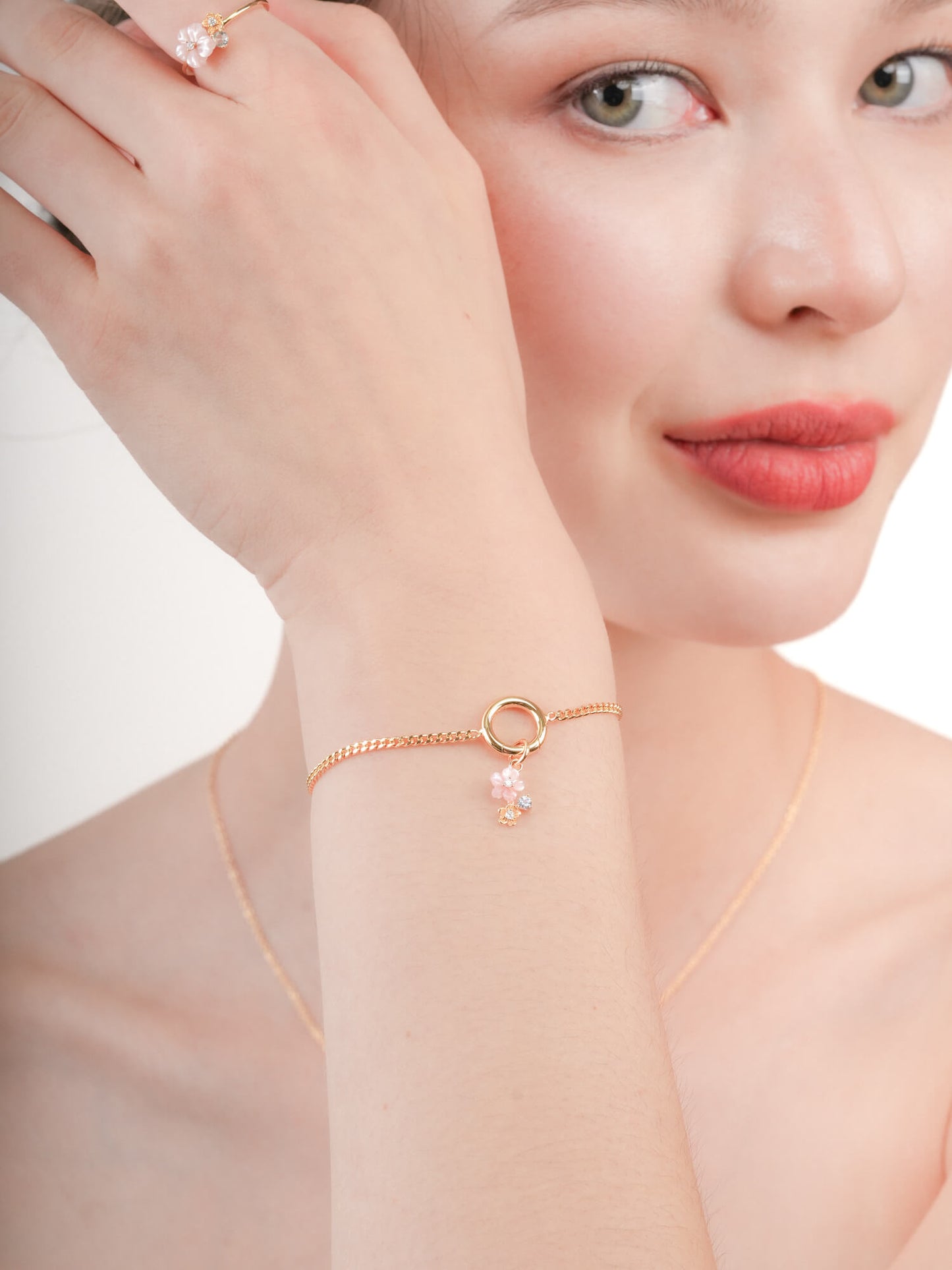 Dainty Pink Cluster Flower Charm – MOP & Aquamarine