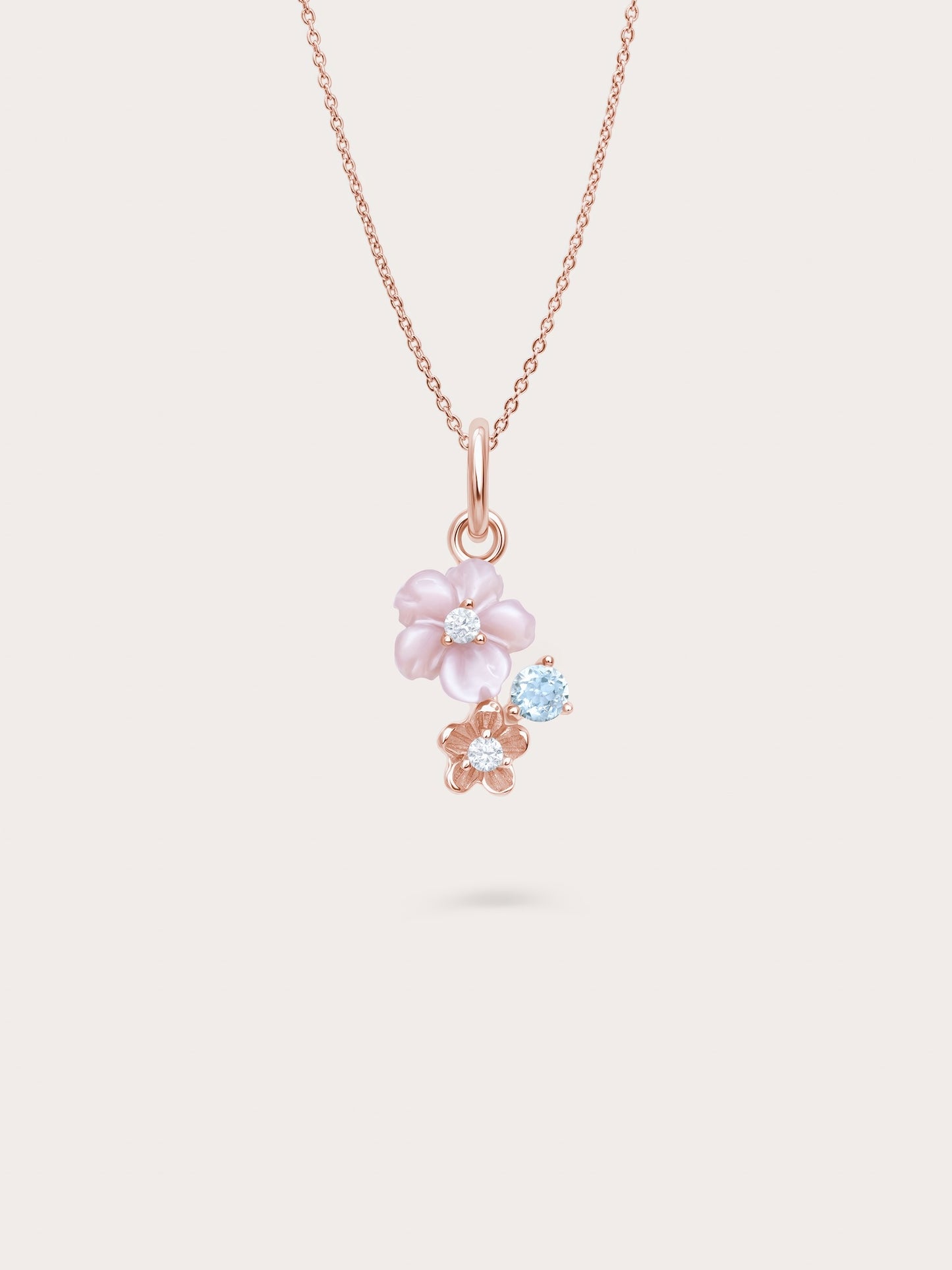 Dainty Pink Cluster Flower Pendant Necklace – MOP & Aquamarine