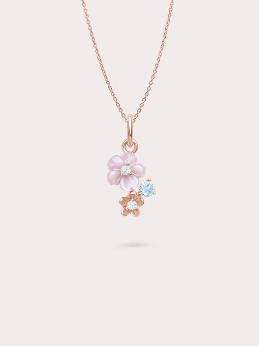 Dainty Pink Cluster Flower Pendant Necklace – MOP & Aquamarine
