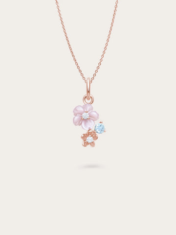 Dainty Pink Cluster Flower Pendant Necklace – MOP & Aquamarine
