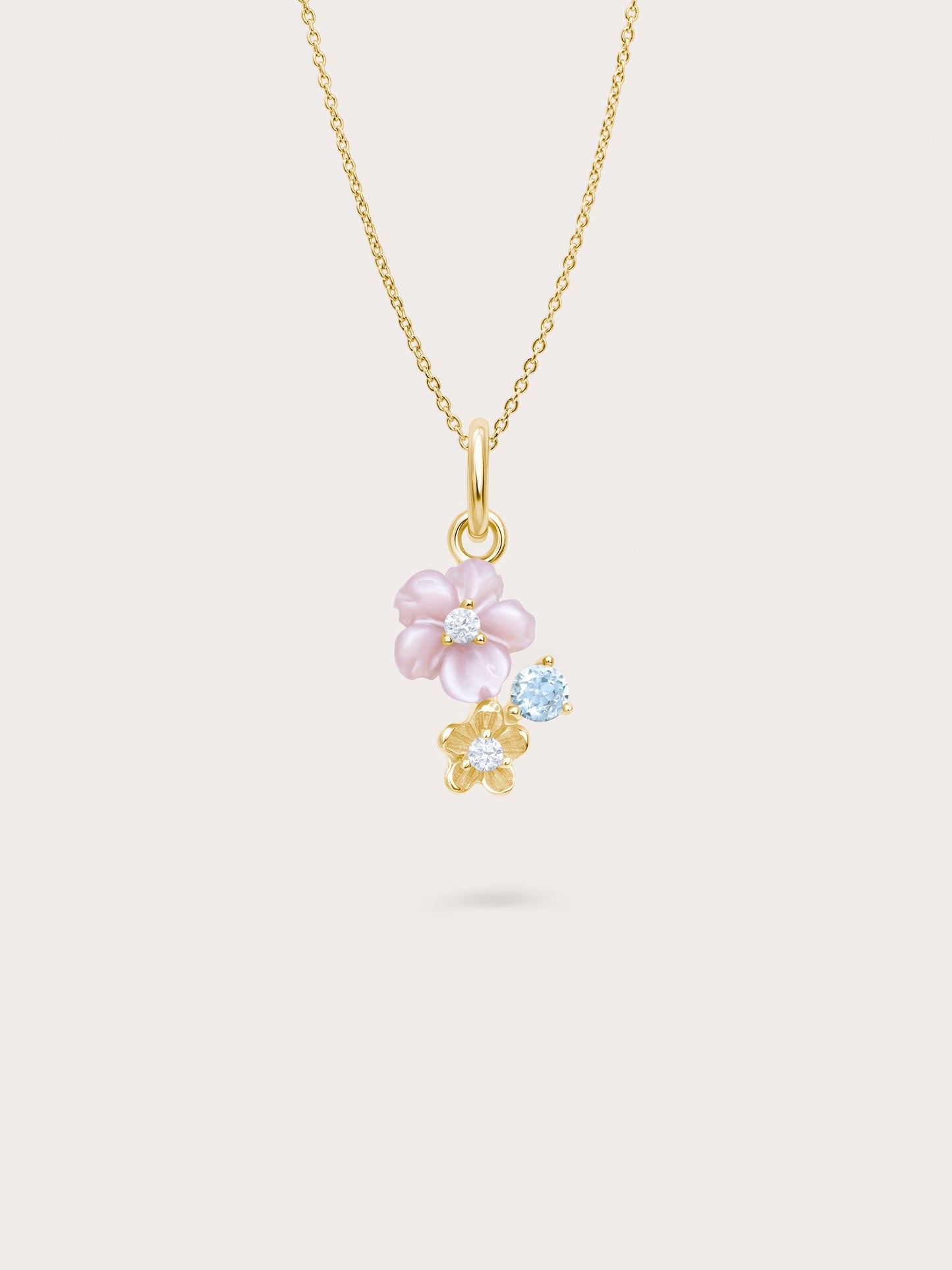 Dainty Pink Cluster Flower Pendant Necklace – MOP & Aquamarine