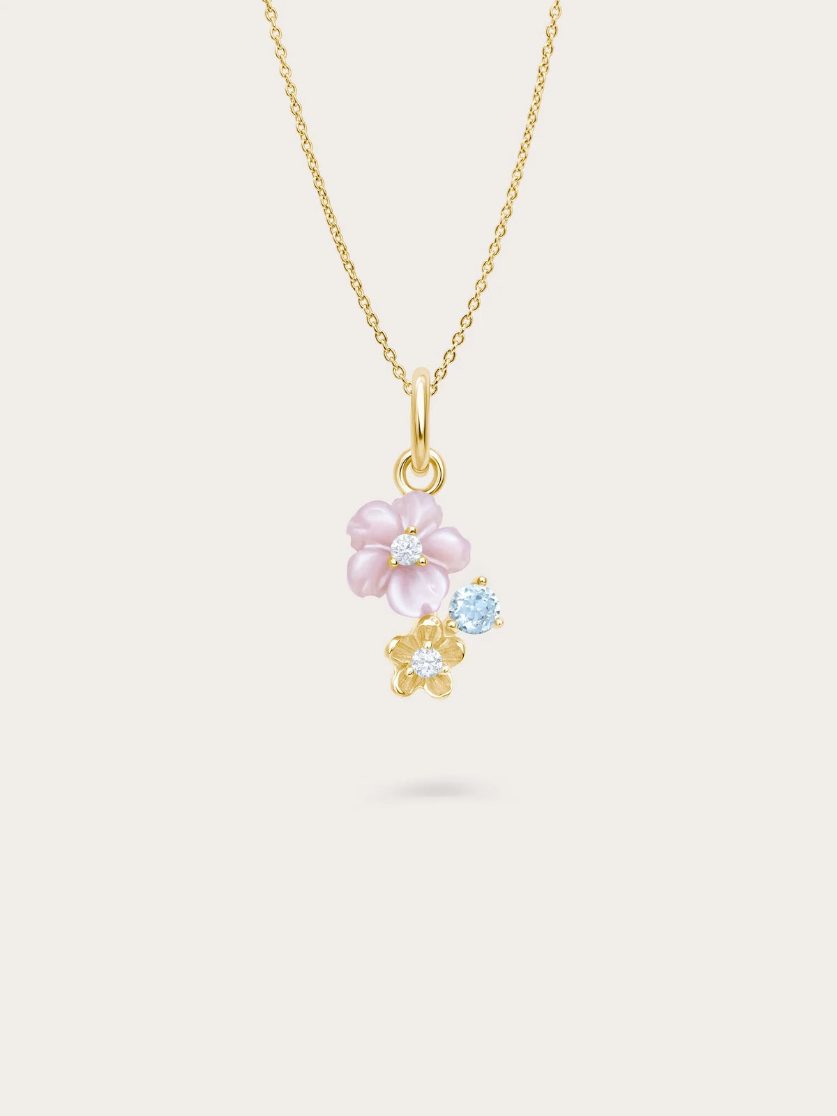 Dainty Pink Cluster Flower Pendant Necklace – MOP & Aquamarine