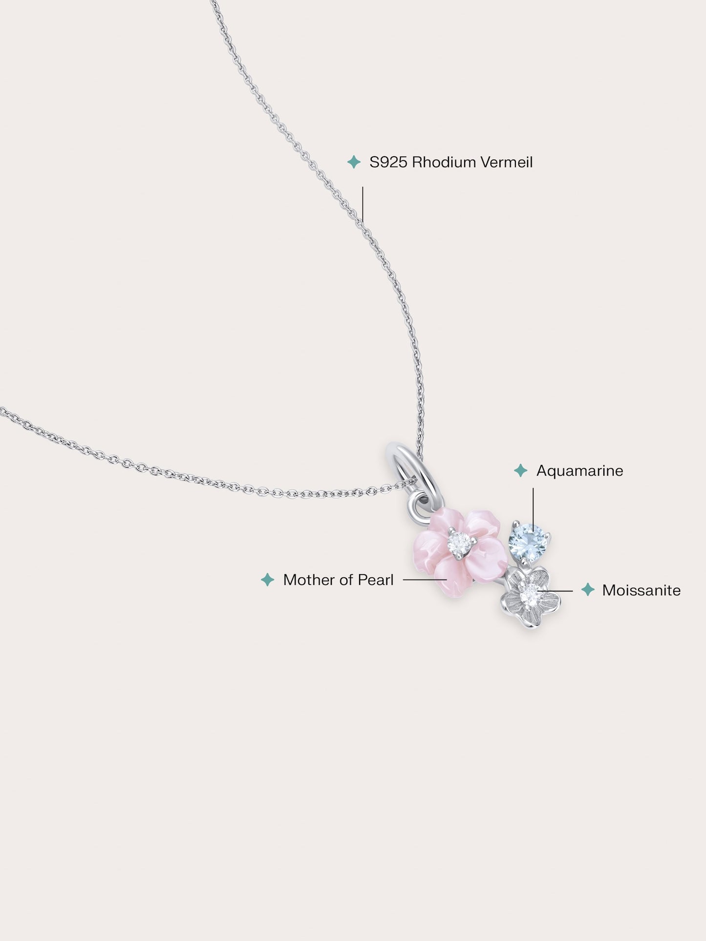 Dainty Pink Cluster Flower Pendant Necklace – MOP & Aquamarine