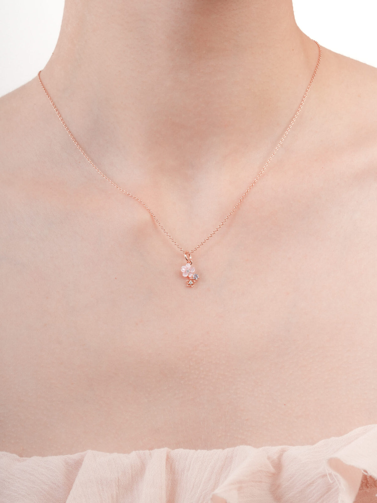 Dainty Pink Cluster Flower Pendant Necklace Mother of Pearl Aquamarine 18K Rose Gold (1) – Mondays Made Flower & Birthstone Jewelry Singapore