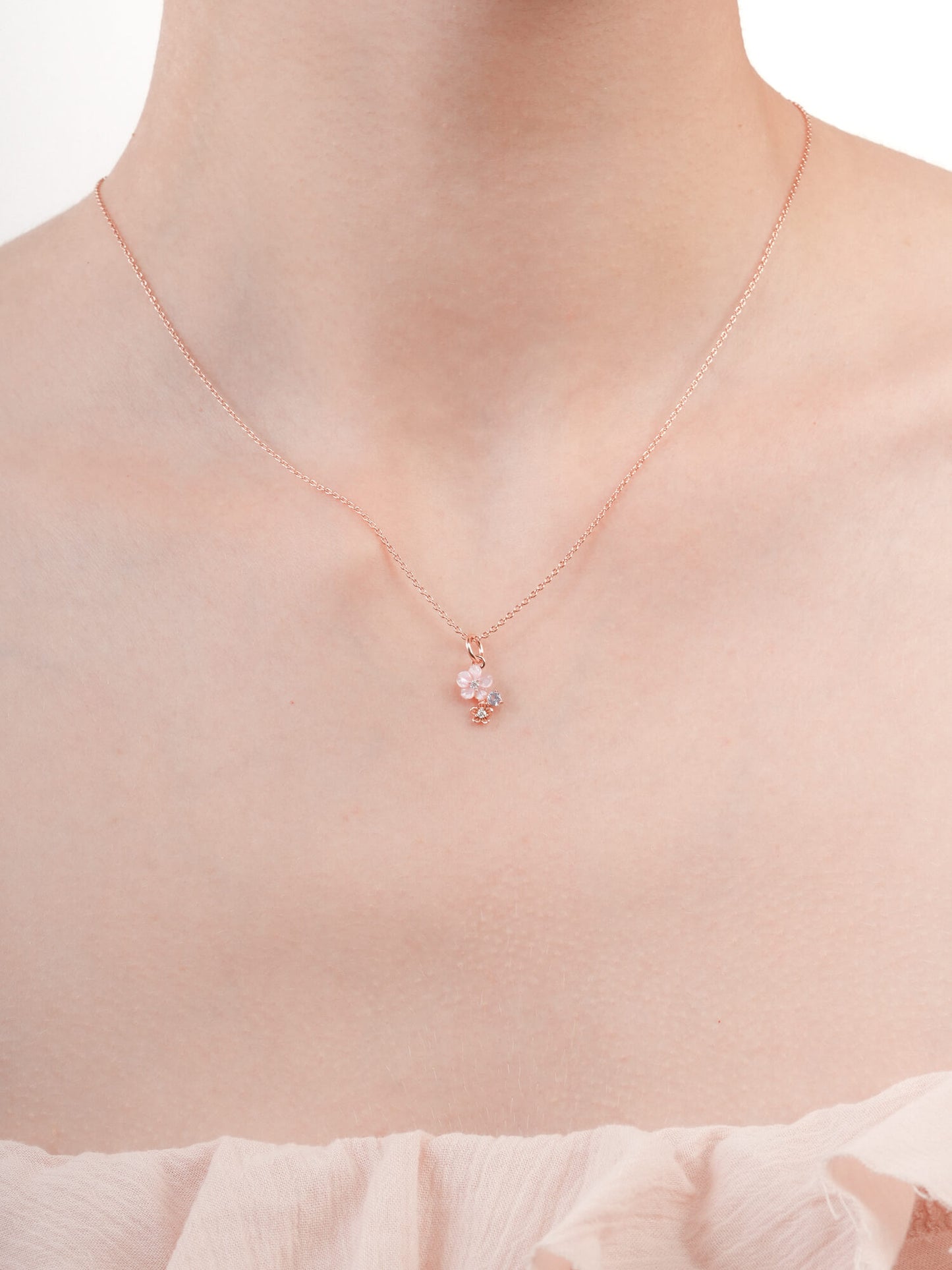 Dainty Pink Cluster Flower Pendant Necklace – MOP & Aquamarine