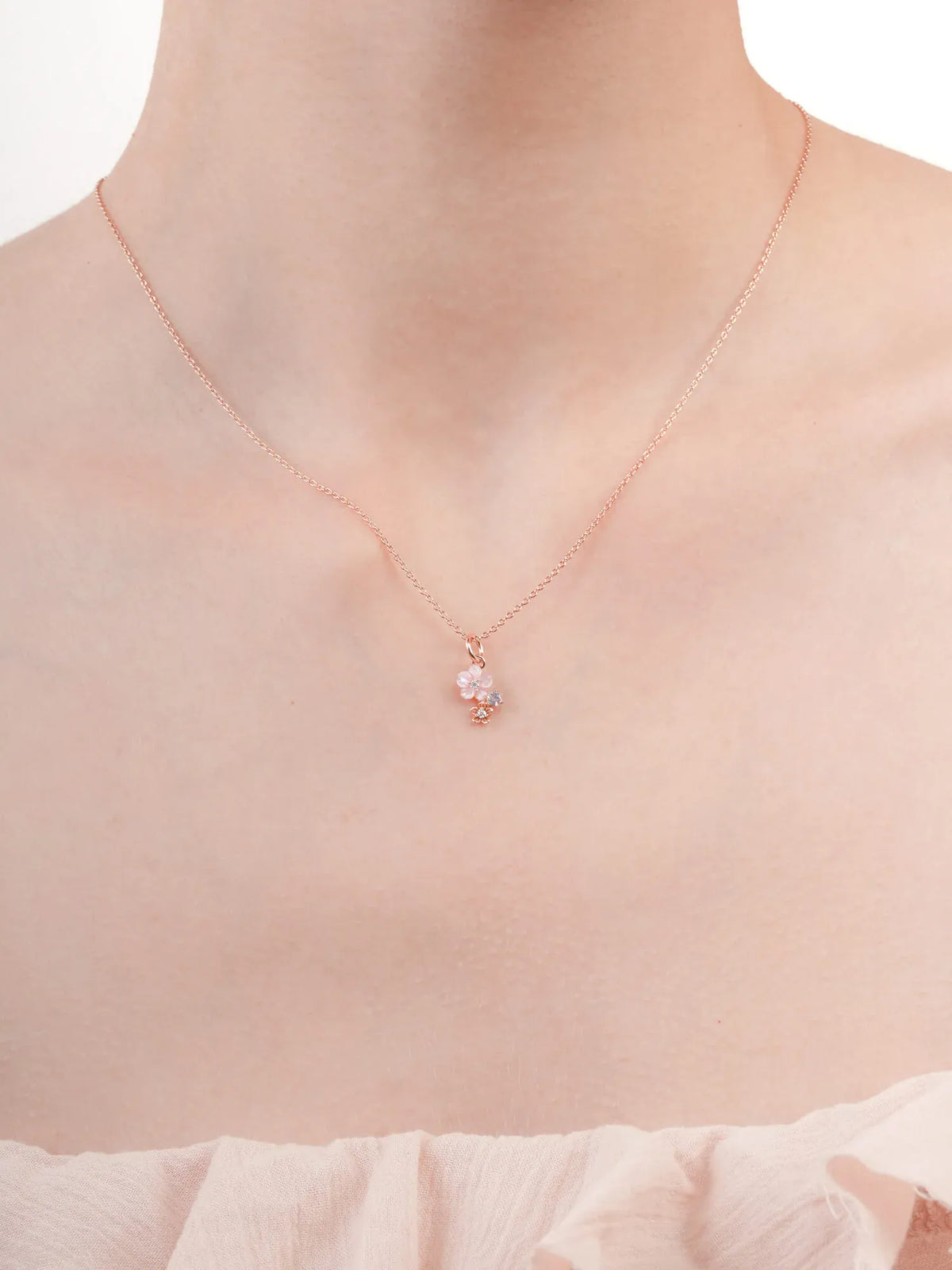 Dainty Pink Cluster Flower Pendant Necklace – MOP & Aquamarine