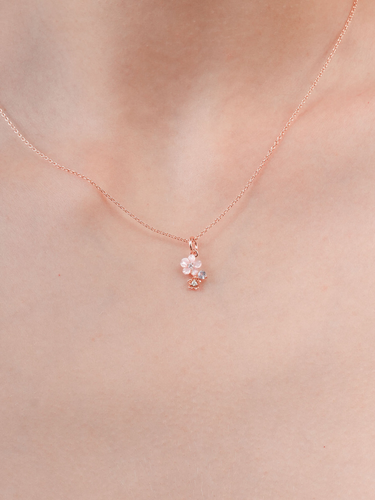 Dainty Pink Cluster Flower Pendant Necklace Mother of Pearl Aquamarine 18K Rose Gold (3) – Mondays Made Flower & Birthstone Jewelry Singapore