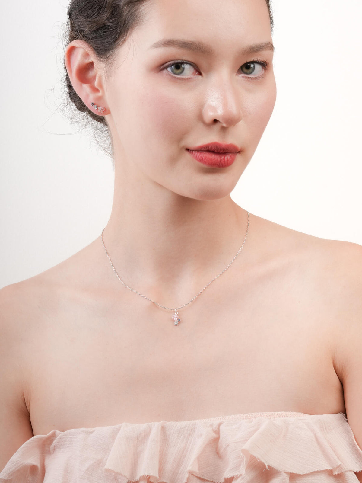 Dainty Pink Cluster Flower Pendant Necklace Mother of Pearl Aquamarine S925 Silver Rhodium (2) – Mondays Made Flower & Birthstone Jewelry Singapore