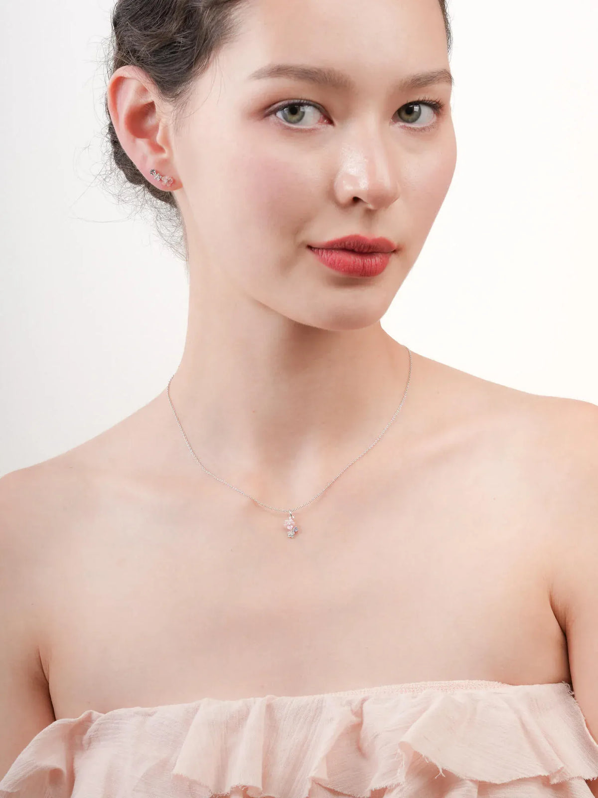 Dainty Pink Cluster Flower Pendant Necklace – MOP & Aquamarine