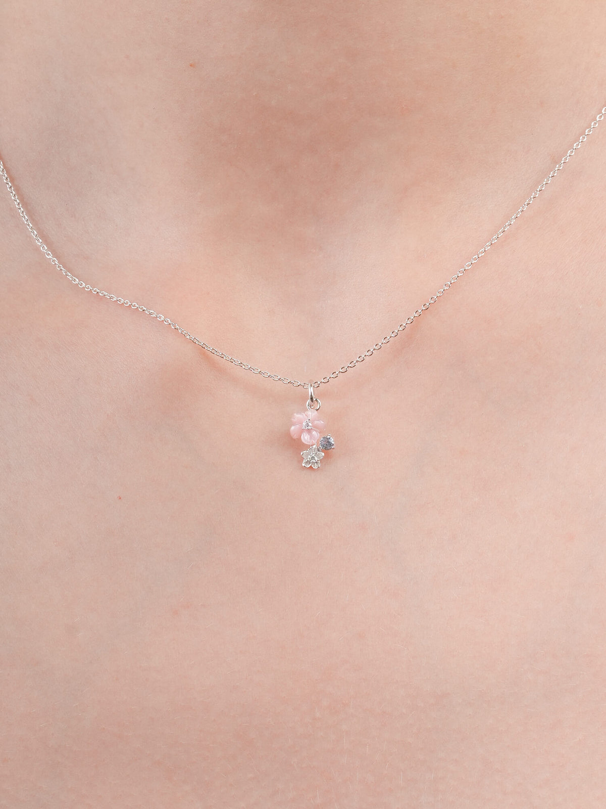 Dainty Pink Cluster Flower Pendant Necklace Mother of Pearl Aquamarine S925 Silver Rhodium (3) – Mondays Made Flower & Birthstone Jewelry Singapore