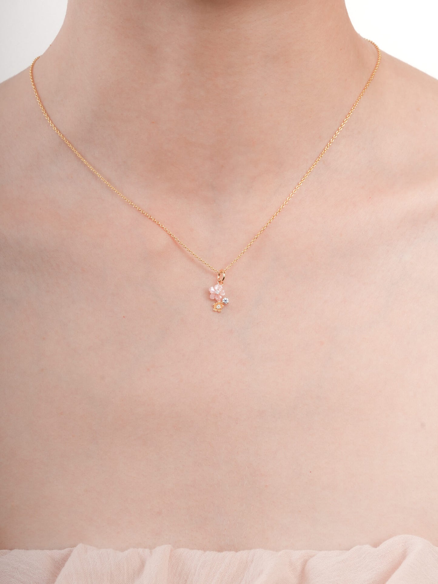 Dainty Pink Cluster Flower Pendant Necklace – MOP & Aquamarine