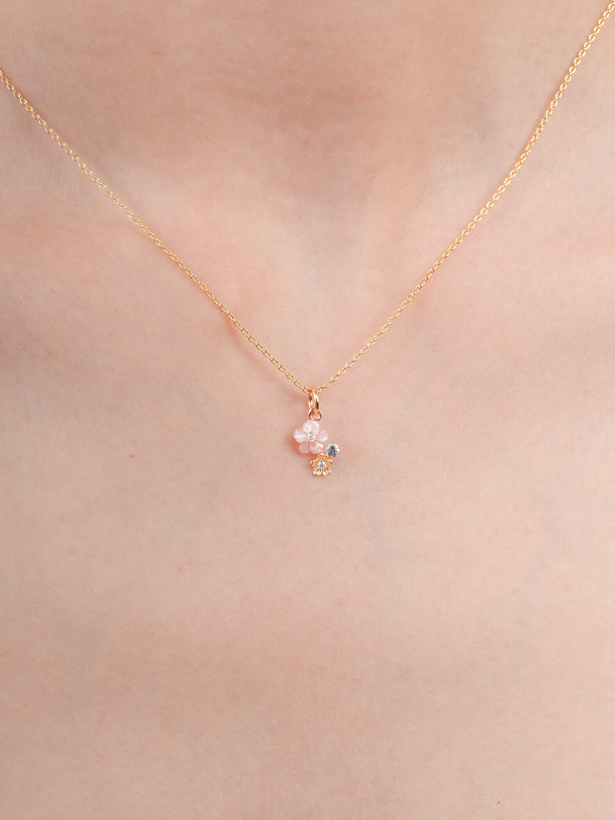 Dainty Pink Cluster Flower Pendant Necklace Mother of Pearl Aquamarine 18K Gold (3) – Mondays Made Flower & Birthstone Jewelry Singapore
