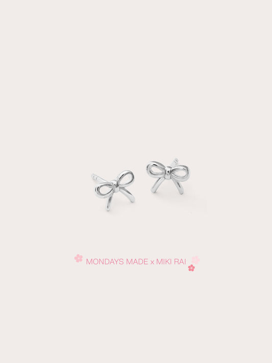 Dainty Ribbon Bow Stud Earrings S925 Silver Rhodium (1) – Mondays Made Flower & Birthstone Jewelry Singapore