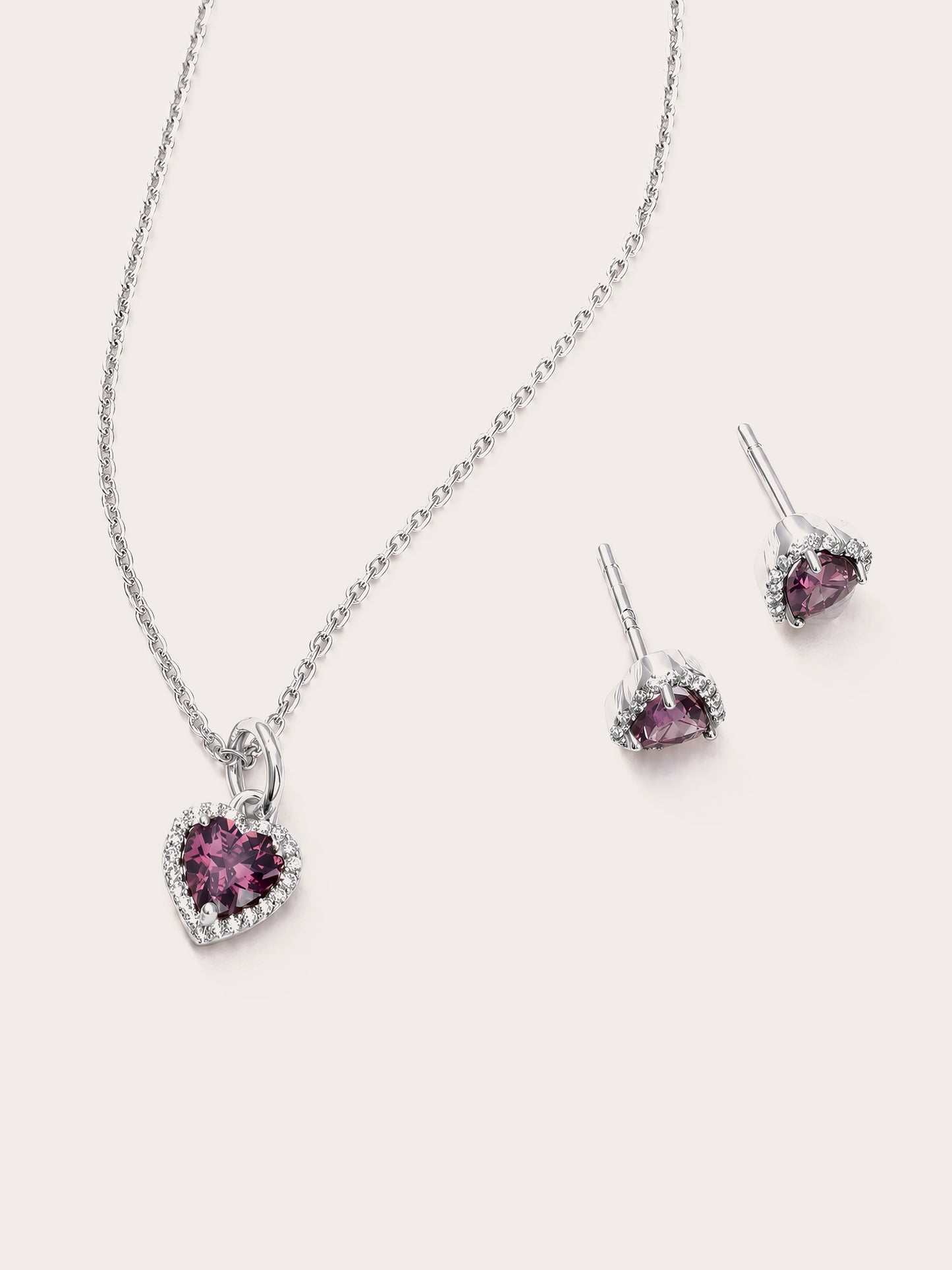 Halo Heart Rhodolite Necklace and Earrings Set