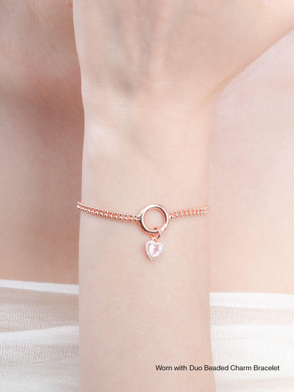 Halo Heart Charm Rose Quartz 18K Rose Gold Worn With – Mondays Made Flower & Birthstone Jewelry Singapore