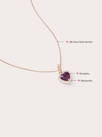 Halo Heart Necklace Rhodolite 18K Rose Gold (2) – Mondays Made Flower & Birthstone Jewelry Singapore