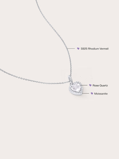 Halo Heart Necklace Rose Quartz S925 Silver Rhodium (2) – Mondays Made Flower & Birthstone Jewelry Singapore